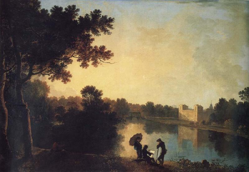 Richard  Wilson View from the South-east with the house and bridge beyond the lake and basin
